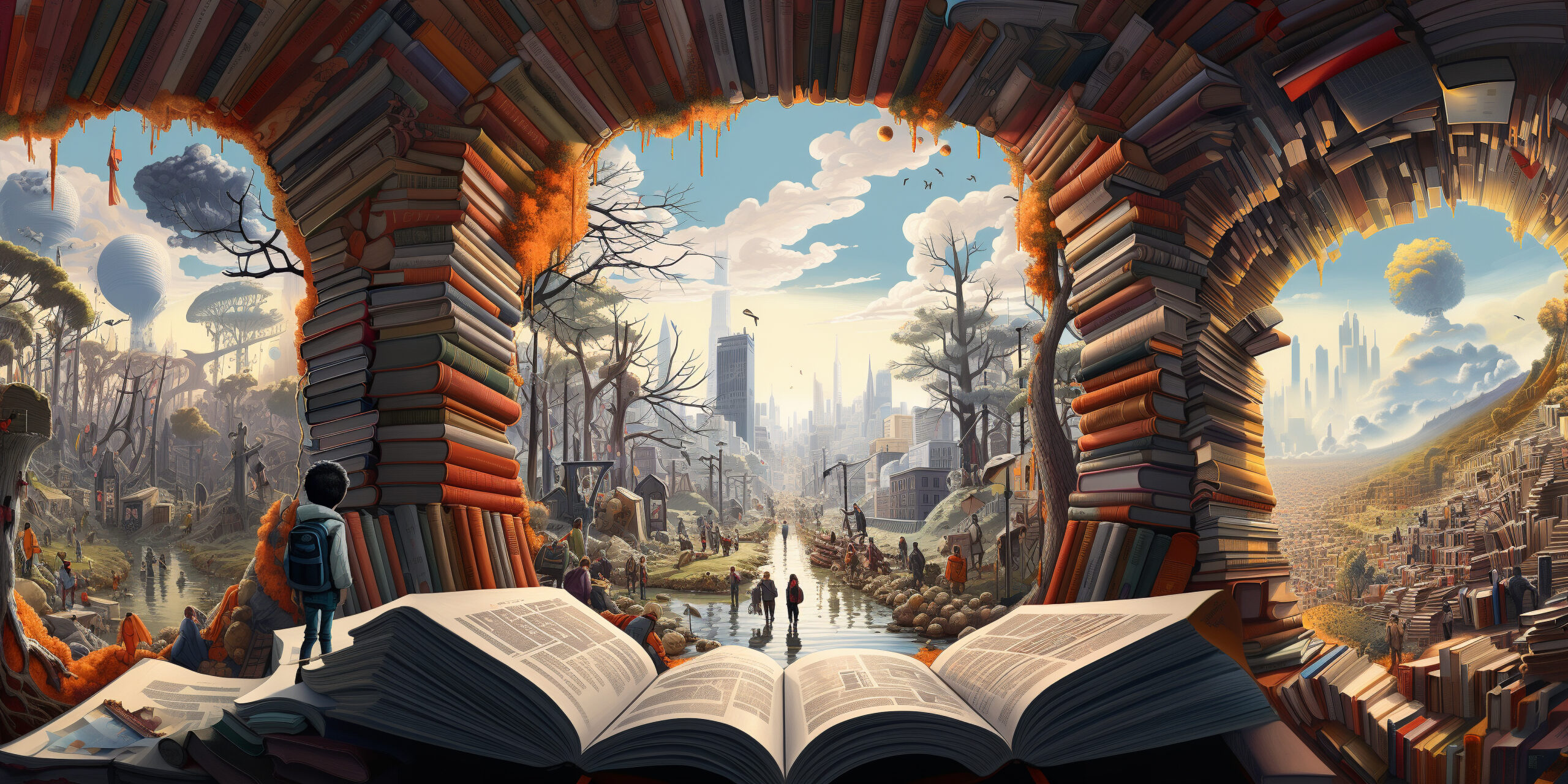 one giant book, cartoon aesthetic